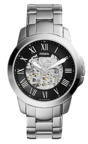 Fossil Grant Automatic Skeleton Black Dial Silver Steel Strap Watch for Men - ME3103