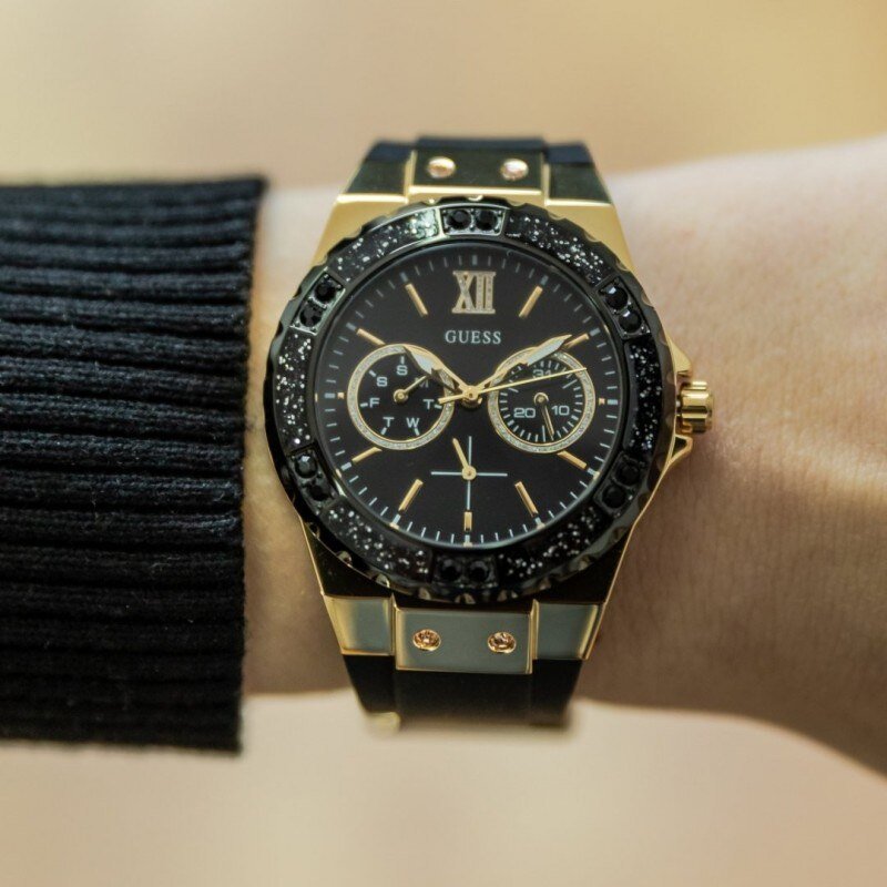 Guess Black Dial Black Rubber Strap Watch For Women - W1053L7