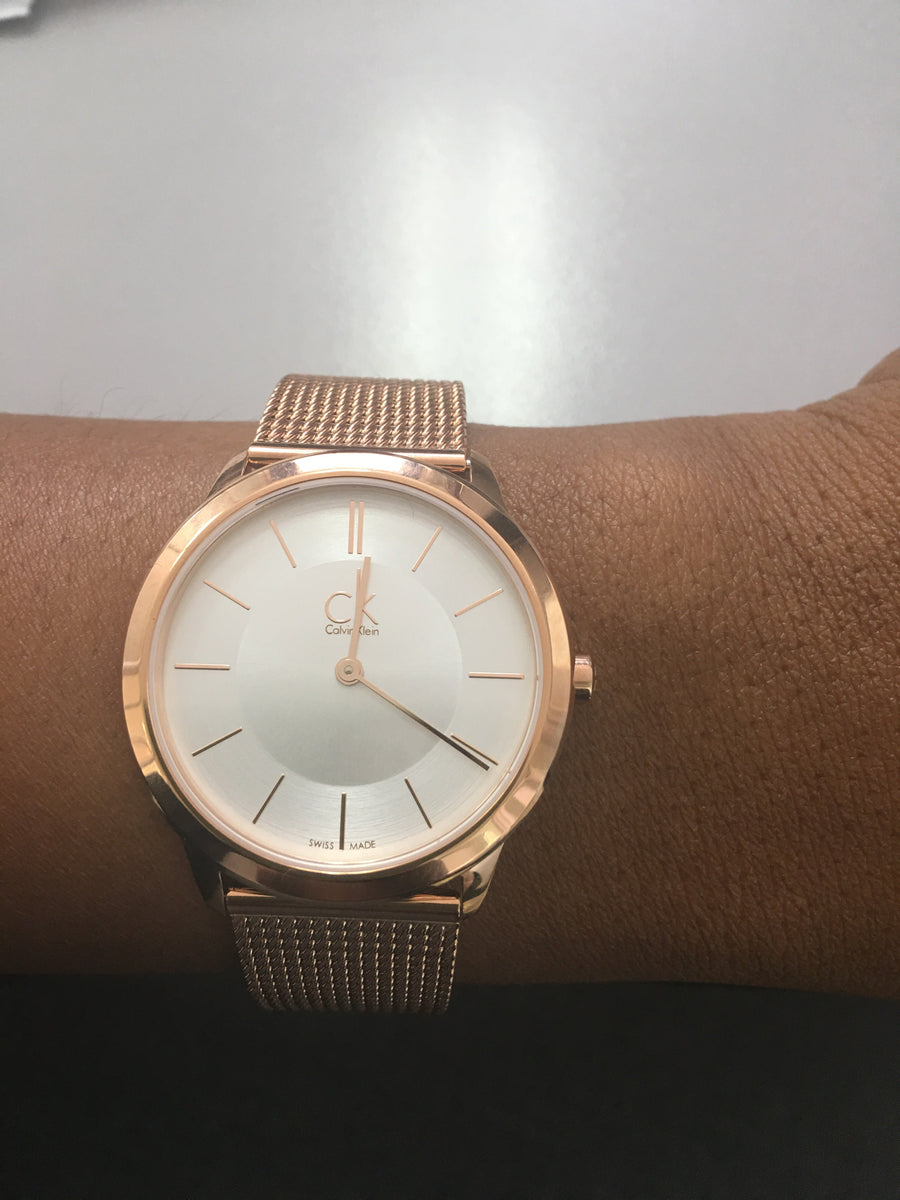 Calvin Klein Minimal White Dial Rose Gold Mesh Bracelet Watch for Women - K3M22626