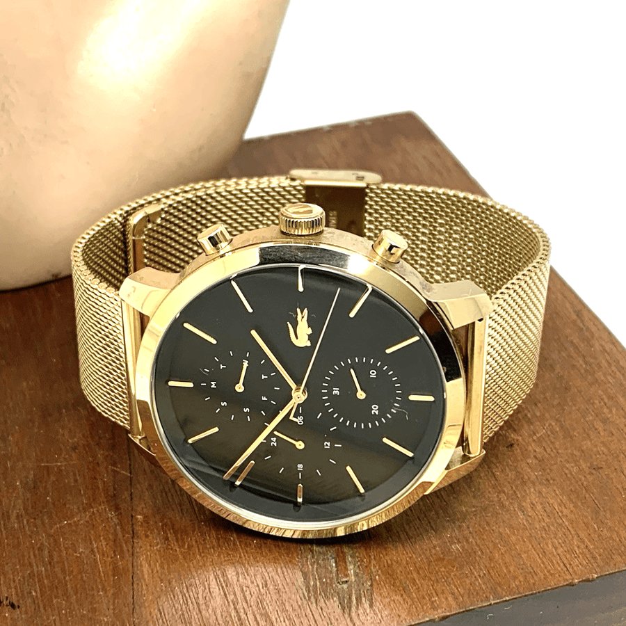 Lacoste Replay Chronograph Black Dial Gold Steel Strap Watch for Men - 2011195