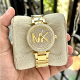 Michael Kors Parker Analog Crystals Gold Dial Gold Steel Strap Watch For Women - MK7283