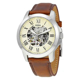 Fossil Grant Automatic Beige Skeleton Dial Brown Leather Strap Watch for Men - ME3099