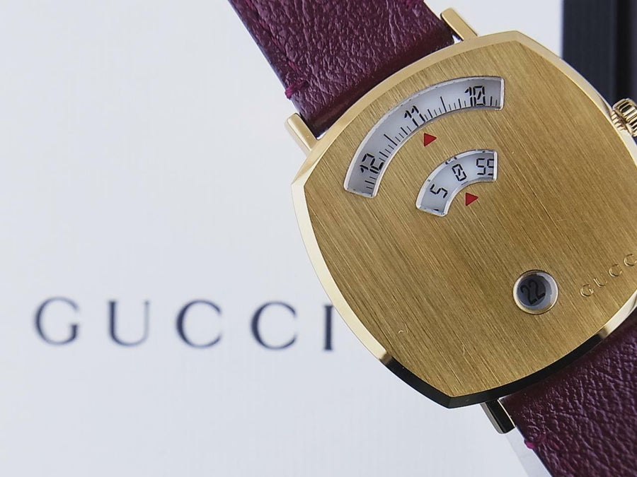 Gucci Grip Quartz Yellow Gold Dial Maroon Leather Strap Watch For Women - YA157405