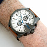 Diesel Mega Chief White Dial Brown Leather Strap Watch For Men - DZ4280