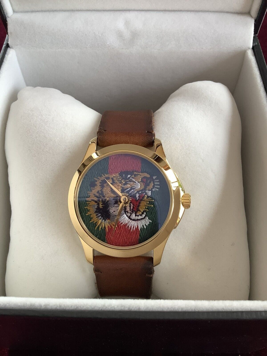 Gucci Le Marche Des Merveilles Red & Green Dial Brown Leather Strap Unisex Watch - YA126497