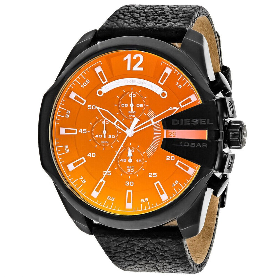 Diesel Mega Chief Chronograph Black Dial Black Leather Strap Watch For Men - DZ4323