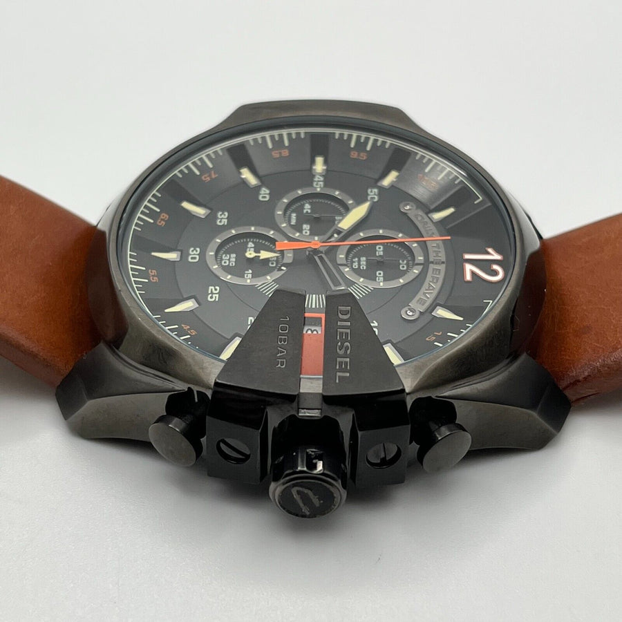 Diesel Mega Chief Chronograph Black Dial Brown Leather Strap Watch For Men - DZ4343