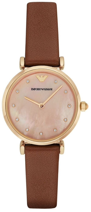 Emporio Armani Gianni T Bar Quartz Pink Mother of Pearl Dial Brown Leather Strap Watch For Women - AR1960