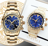 Versace Classic Chronograph Quartz Blue Dial Gold Steel Strap Watch For Men - VEV700619