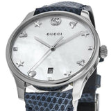 Gucci G-Timeless Signature Mother of Pearl Silver Dial Blue Leather Strap Watch For Women - YA1264049