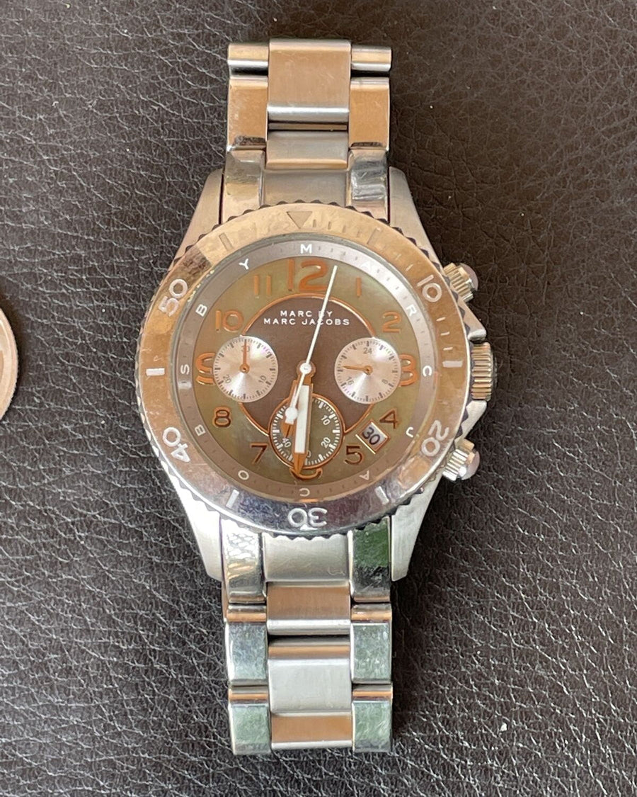 Marc Jacobs Rock Chronograph Mother of Pearl Grey Dial Silver Steel Strap Watch for Women - MBM3250