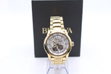 Bulova BVA Skeleton Silver Dial Gold Steel Strap Watch for Men - 97A108