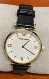 Emporio Armani Gianni T-Bar Quartz Mother of Pearl Dial Black Leather Strap Watch For Women - AR1910