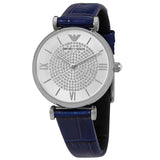 Emporio Armani Gianni T Bar Quartz Crystals Silver Dial Blue Leather Strap Watch For Women - AR11344