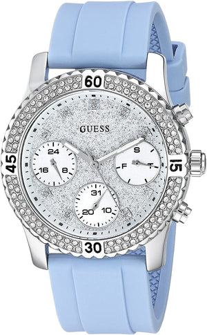 Guess Confetti Crystal Silver Dial Blue Rubber Strap Watch For Women - W1098L3