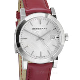 Burberry The City Silver Dial Red Leather Strap Watch for Women - BU9129