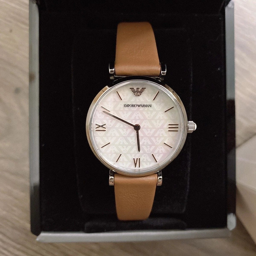 Emporio Armani Gianni T-Bar White Dial Brown Leather Strap Watch for Women - AR1988