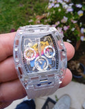 Guess Phoenix Polycarbonate Clear Multi-function Black Dial Clear Rubber Strap Watch for Men - GW0499G3