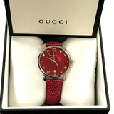 Gucci G-Timeless Mother of Pearl Red Dial Red Leather Strap Watch For Women - YA1264041