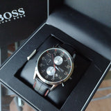 Hugo Boss Aeroliner Black Dial Black Leather Strap Watch for Men - 1512631