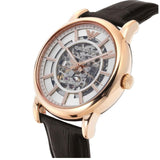 Emporio Armani Meccanico Silver Skeleton Dial Brown Leather Strap Watch For Men - AR1983