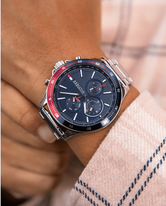 Tommy Hilfiger Bank Chronograph Blue Dial Silver Steel Strap Watch for Men - 1791718