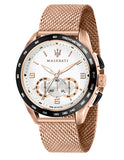 Maserati Traguardo 45mm Chronograph Rose Gold Mesh Strap White Dial Watch For Men - R8873612011