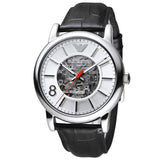 Emporio Armani Meccanico Silver Skeleton Dial Black Leather Watch For Men - AR1997