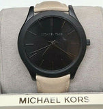 Michael Kors Slim Runway Black Dial Beige Leather Strap Watch For Men - MK8510