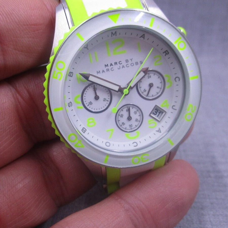 Marc Jacobs Rock Chronograph White Dial White & Green Silicone Strap Watch for Women - MBM2592