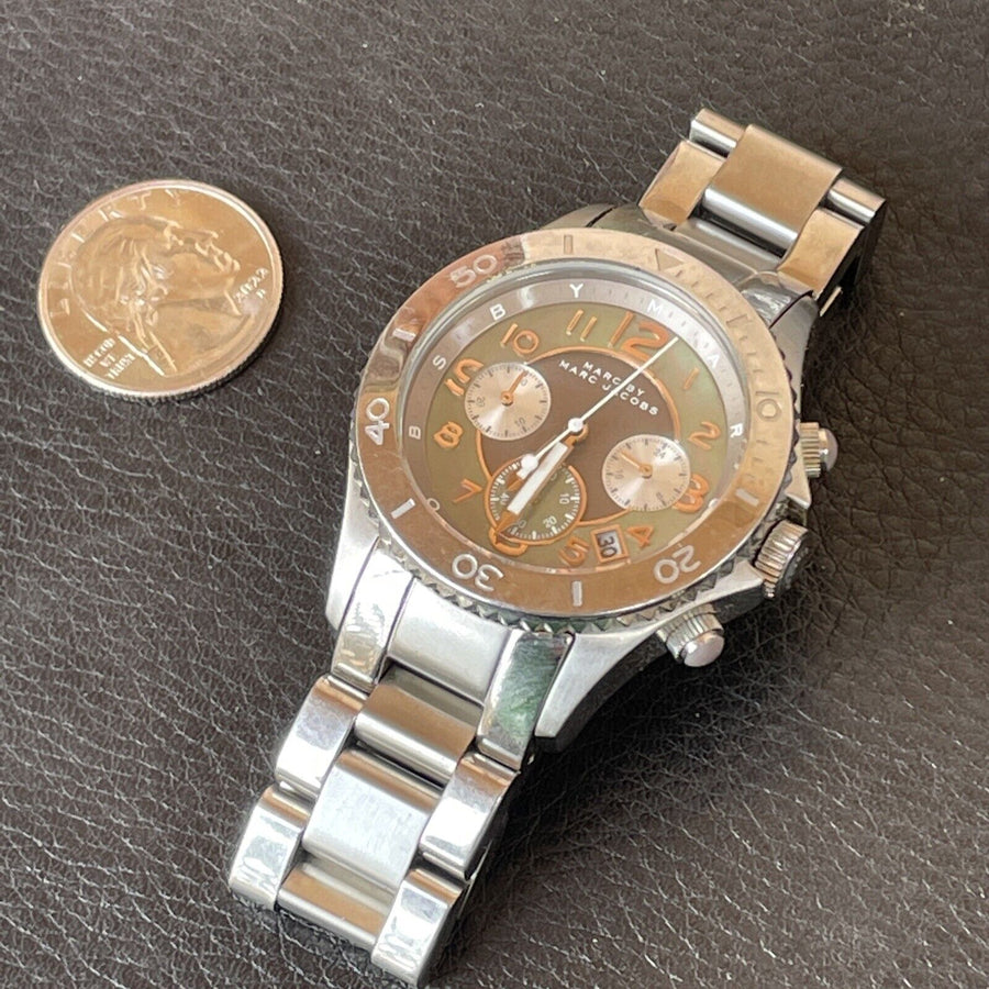 Marc Jacobs Rock Chronograph Mother of Pearl Grey Dial Silver Steel Strap Watch for Women - MBM3250
