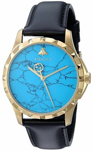 Gucci G Timeless Turquoise Blue Dial Black Leather Strap Watch For Men - YA126462