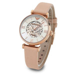 Emporio Armani Meccanico Silver Skeleton Dial Beige Leather Strap Watch For Women - AR60001