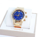 Versace Classic Chronograph Quartz Blue Dial Gold Steel Strap Watch For Men - VEV700619