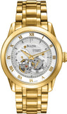 Bulova BVA Skeleton Silver Dial Gold Steel Strap Watch for Men - 97A108