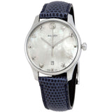 Gucci G-Timeless Signature Mother of Pearl Silver Dial Blue Leather Strap Watch For Women - YA1264049