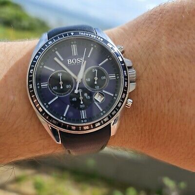 Hugo Boss Driver Sport Chronograph Blue Dial Black Leather Strap Watch for Men - 1513077