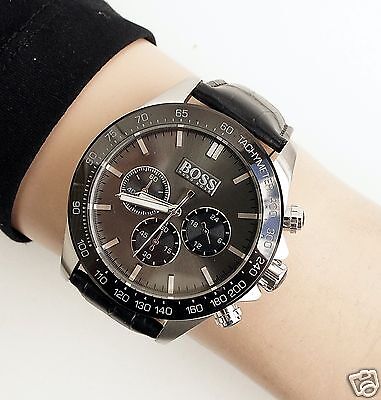 Hugo Boss Ikon Grey Dial Black Leather Strap Watch for Men - 1513177
