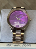 Michael Kors Slim Runway Purple Dial Rose Gold Steel Strap Watch for Women - MK3293