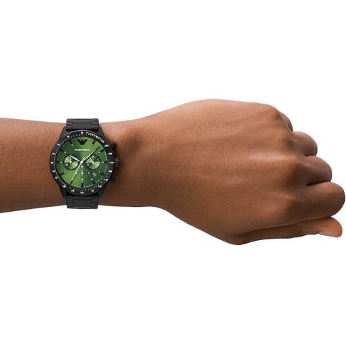 Emporio Armani Mario Chronograph Green Dial Black Steel Strap Watch For Men - AR11472