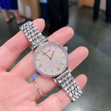 Emporio Armani Gianni T Bar Pink Mother of Pearl Dial Silver Steel Strap Watch For Women - AR1779