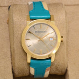 Burberry The City Gold Dial Turquoise Leather Strap Watch for Women - BU9018