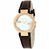 Gucci G Interlocking Mother of Pearl Dial Brown Leather Strap Watch For Women - YA133516