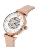 Emporio Armani Meccanico Silver Skeleton Dial Beige Leather Strap Watch For Women - AR60001