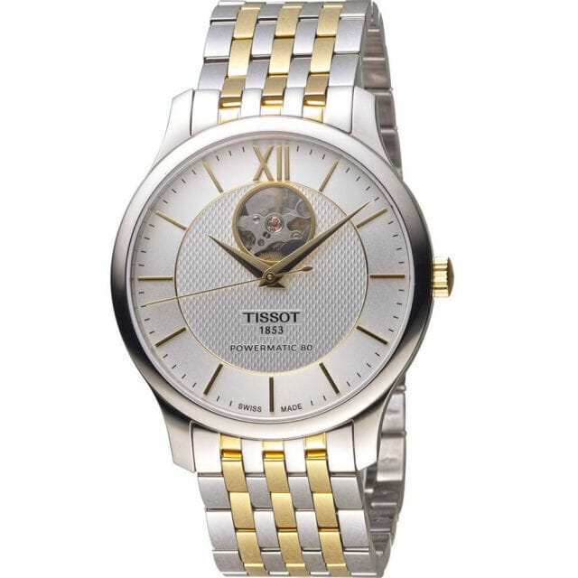 Tissot Tradition Powermatic 80 Open Heart Silver Dial Two Tone Steel Strap Watch For Men - T063.907.22.038.00