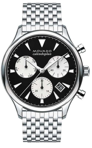 Movado Heritage Calendoplan Chronograph Black Dial Silver Steel Strap Watch for Men - 3650014