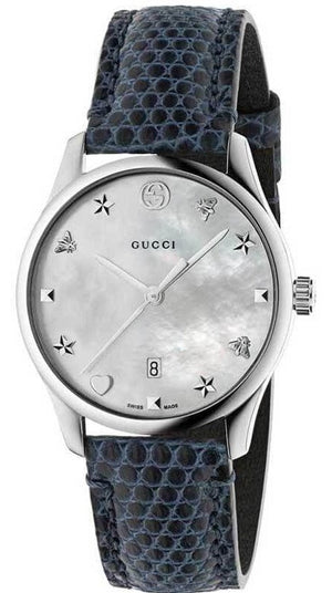 Gucci G-Timeless Signature Mother of Pearl Silver Dial Blue Leather Strap Watch For Women - YA1264049