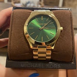 Michael Kors Slim Runway Green Dial Gold Steel Strap Watch for Women - MK3435