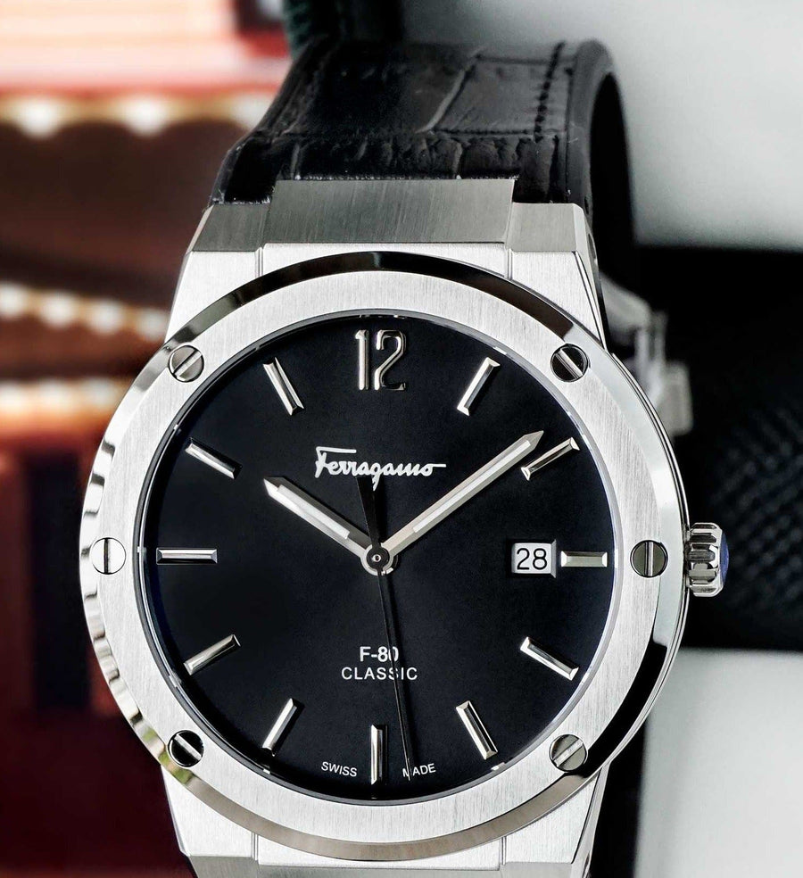 Salvatore Ferragamo F-80 Classic Black Dial Black Leather Strap  Watch for Men - SFDT00219