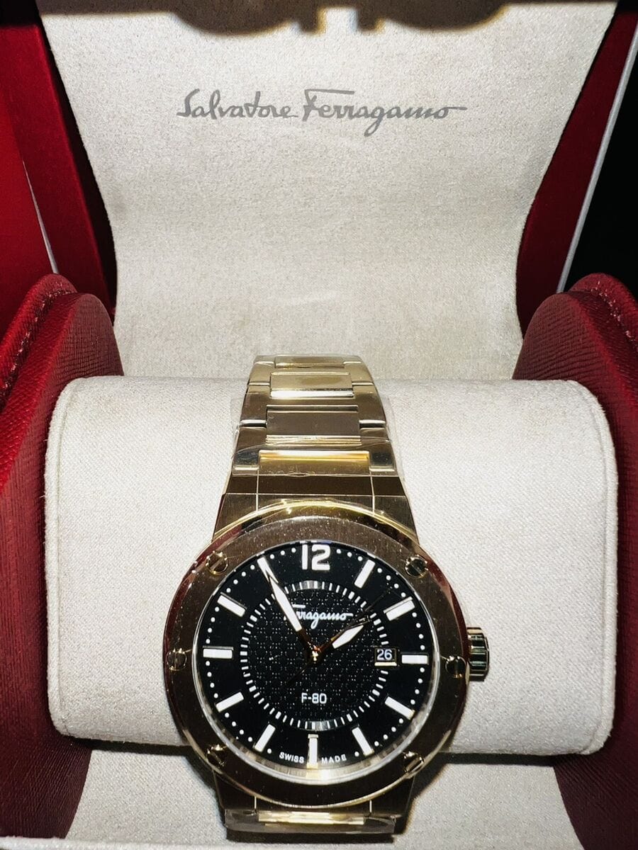 Salvatore Ferragamo F-80 Classic Black Dial Gold Steel Strap Watch for Men - SFHY00821
